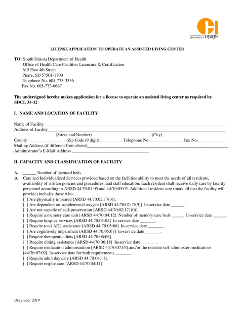 License Application to Operate an Assisted Living Center - South Dakota Download Pdf