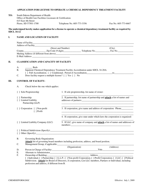 Application for License to Operate a Chemical Dependency Treatment Facility - South Dakota Download Pdf