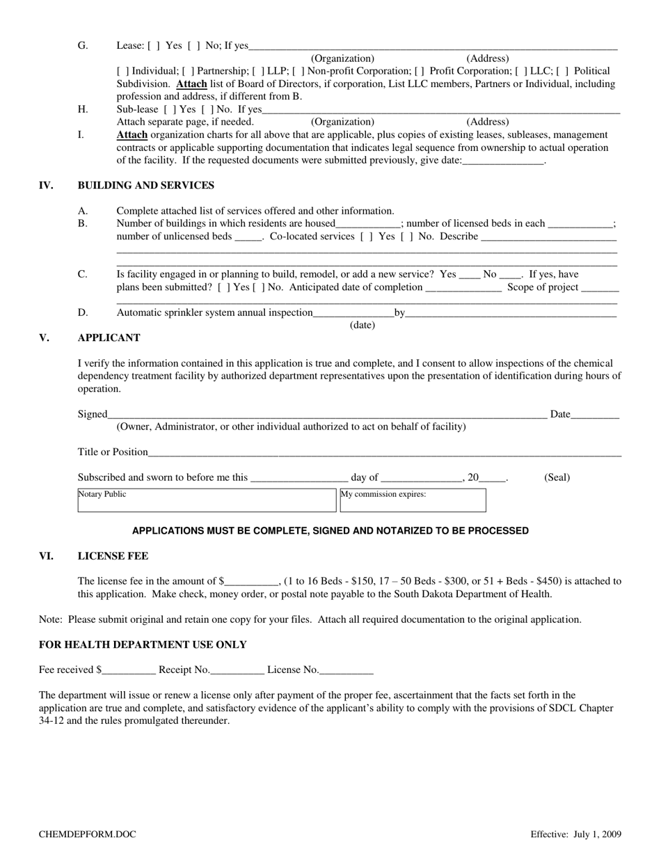 South Dakota Application for License to Operate a Chemical Dependency ...