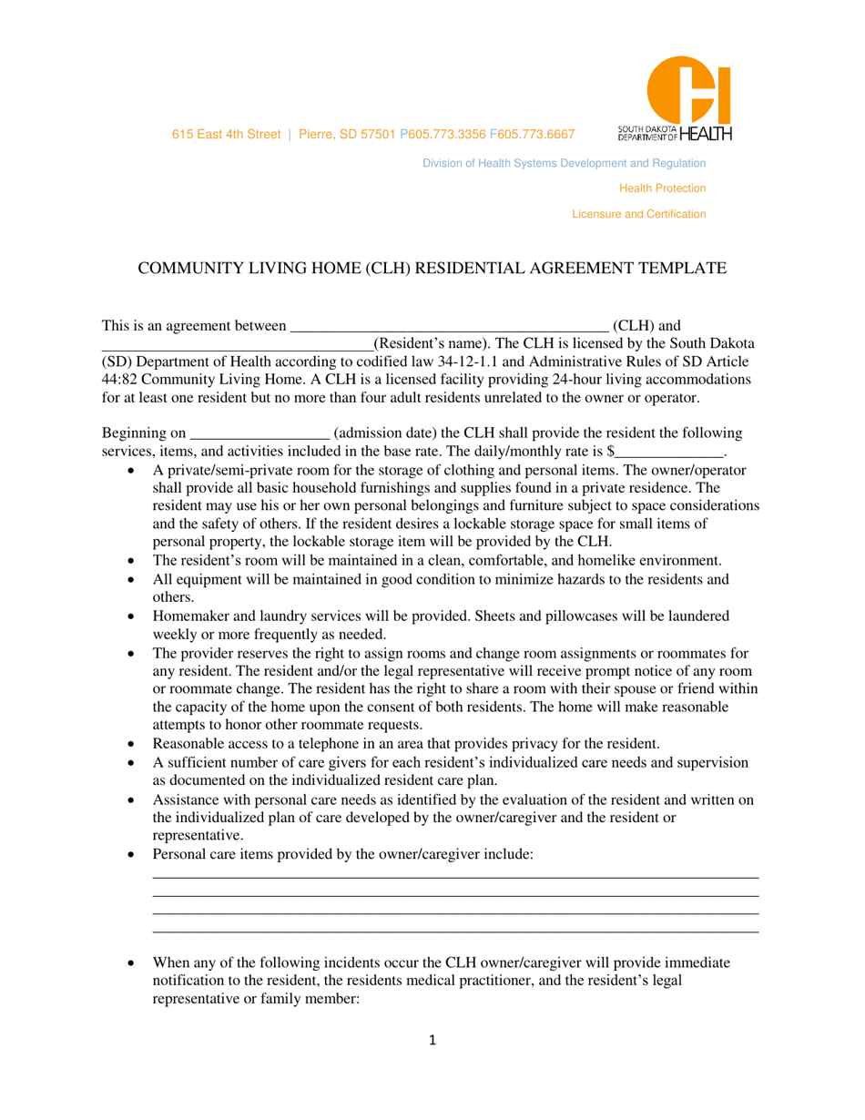 Community Living Home (Clh) Residential Agreement Template - South Dakota, Page 1