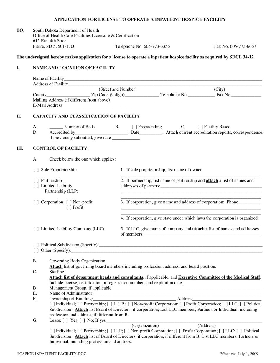 Application for License to Operate a Inpatient Hospice Facility - South Dakota, Page 1