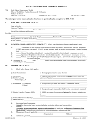 Document preview: Application for License to Operate a Hospital - South Dakota
