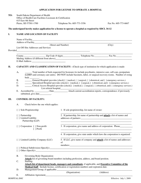 Application for License to Operate a Hospital - South Dakota Download Pdf