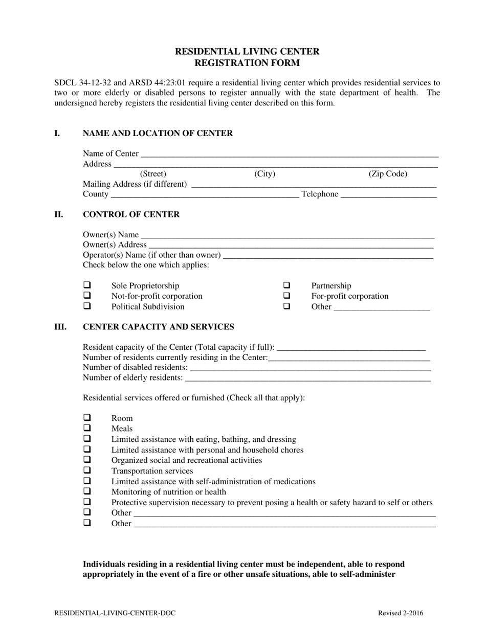 Residential Living Center Registration Form - South Dakota, Page 1