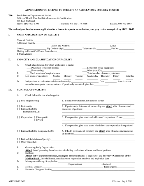 Application for License to Operate an Ambulatory Surgery Center - South Dakota Download Pdf
