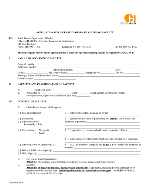 Application for License to Operate a Nursing Facility - South Dakota Download Pdf