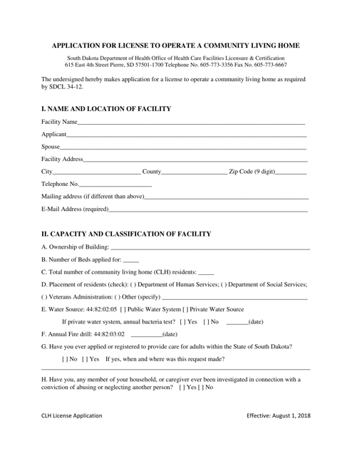 Application for License to Operate a Community Living Home - South Dakota Download Pdf