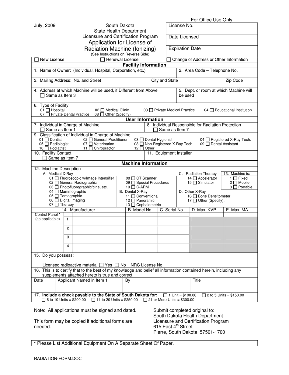 South Dakota Application for License of Radiation Machine (Ionizing ...