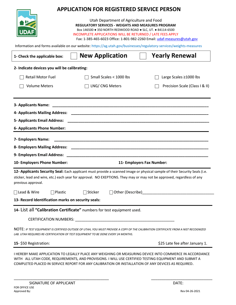 Application for Registered Service Person - Utah, Page 1
