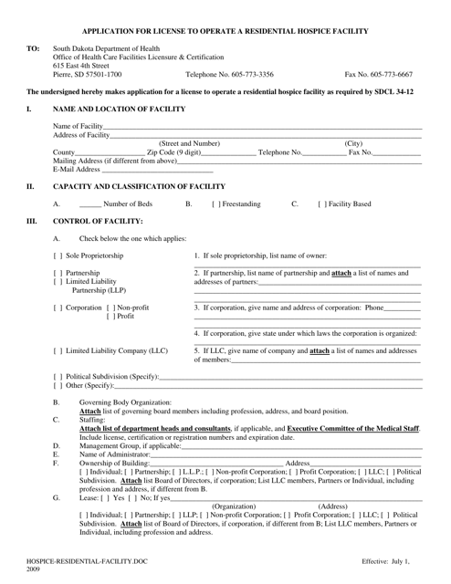 Application for License to Operate a Residential Hospice Facility - South Dakota Download Pdf