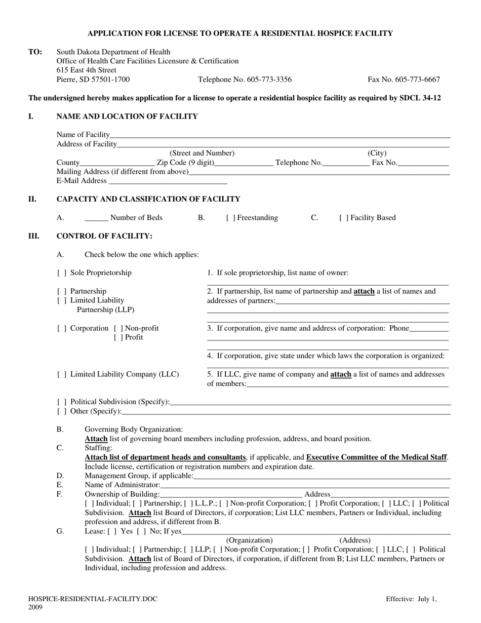 Application for License to Operate a Residential Hospice Facility - South Dakota, Page 1