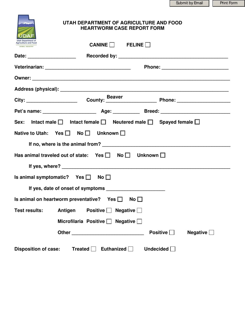 Heartworm Case Report Form - Utah, Page 1
