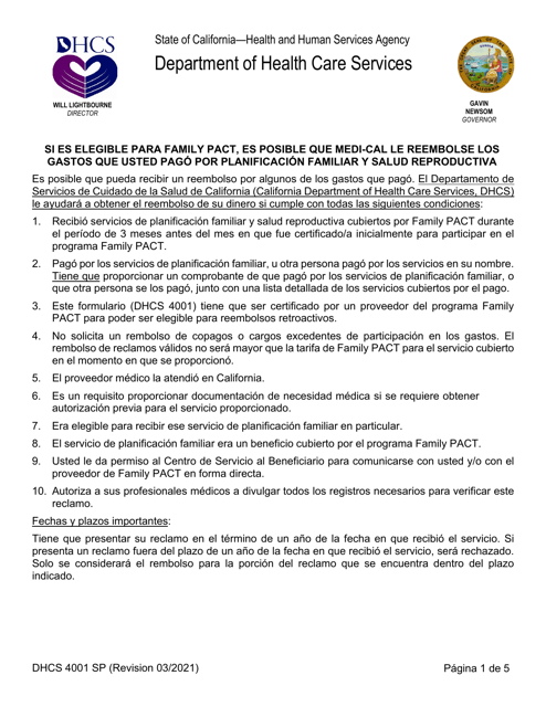 Formulario DHCS4001 SP Programas De Acceso a La Salud Certificacion Para El Programa Family Pact Retroactiva De Elegibilidad (Rec) - California (Spanish)