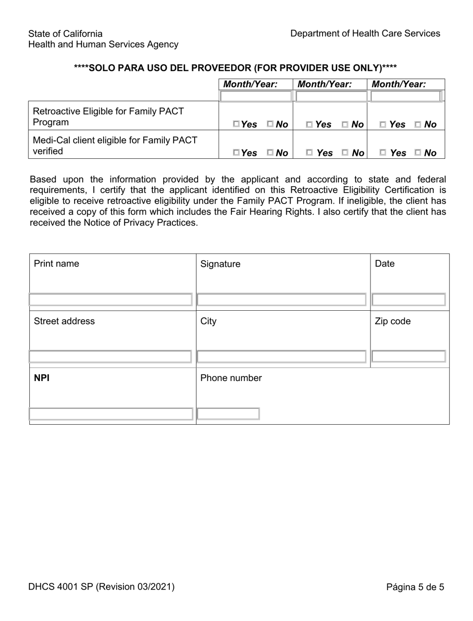 Formulario DHCS4001 SP Programas De Acceso a La Salud Certificacion Para El Programa Family Pact Retroactiva De Elegibilidad (Rec) - California (Spanish), Page 5