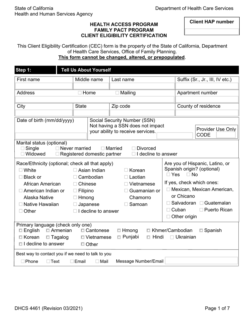 Form DHCS4461 Health Access Program Family Pact Program Client Eligibility Certification - California, Page 1