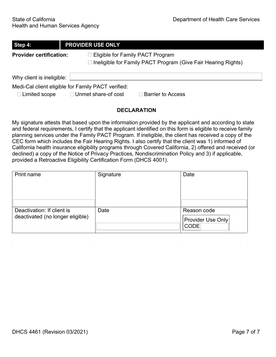 Form DHCS4461 Health Access Program Family Pact Program Client Eligibility Certification - California, Page 7