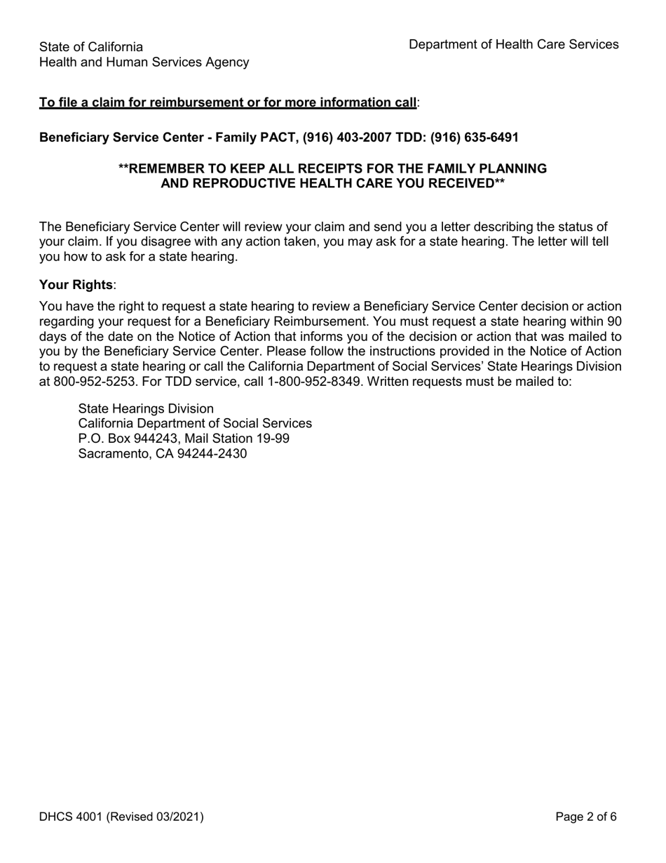 Form DHCS4001 Health Access Programs Family Pact Program Retroactive Eligibility Certification (Rec) - California, Page 2
