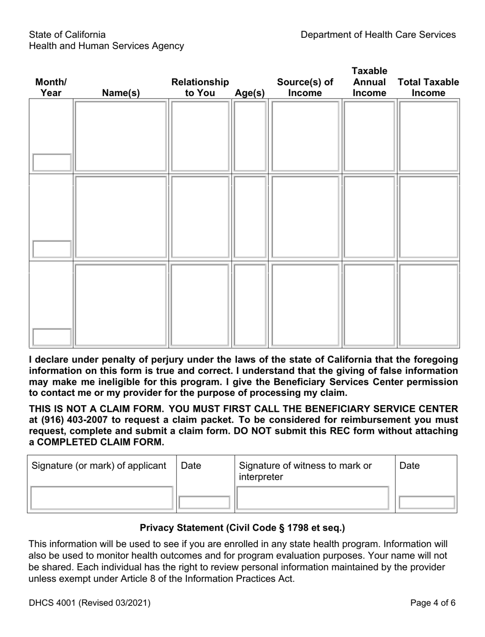 Form DHCS4001 Health Access Programs Family Pact Program Retroactive Eligibility Certification (Rec) - California, Page 4