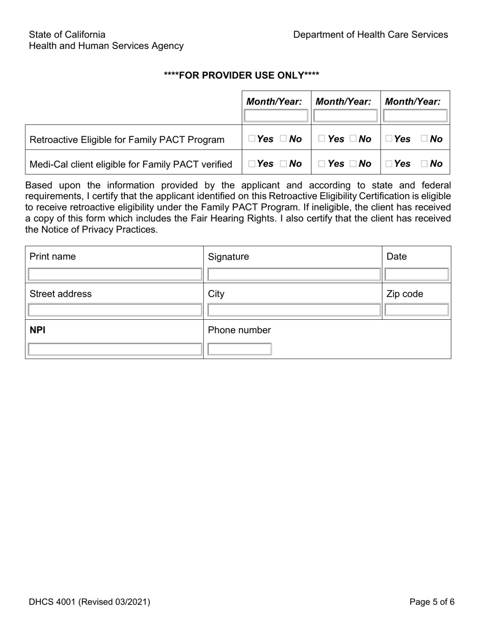 Form DHCS4001 Health Access Programs Family Pact Program Retroactive Eligibility Certification (Rec) - California, Page 5
