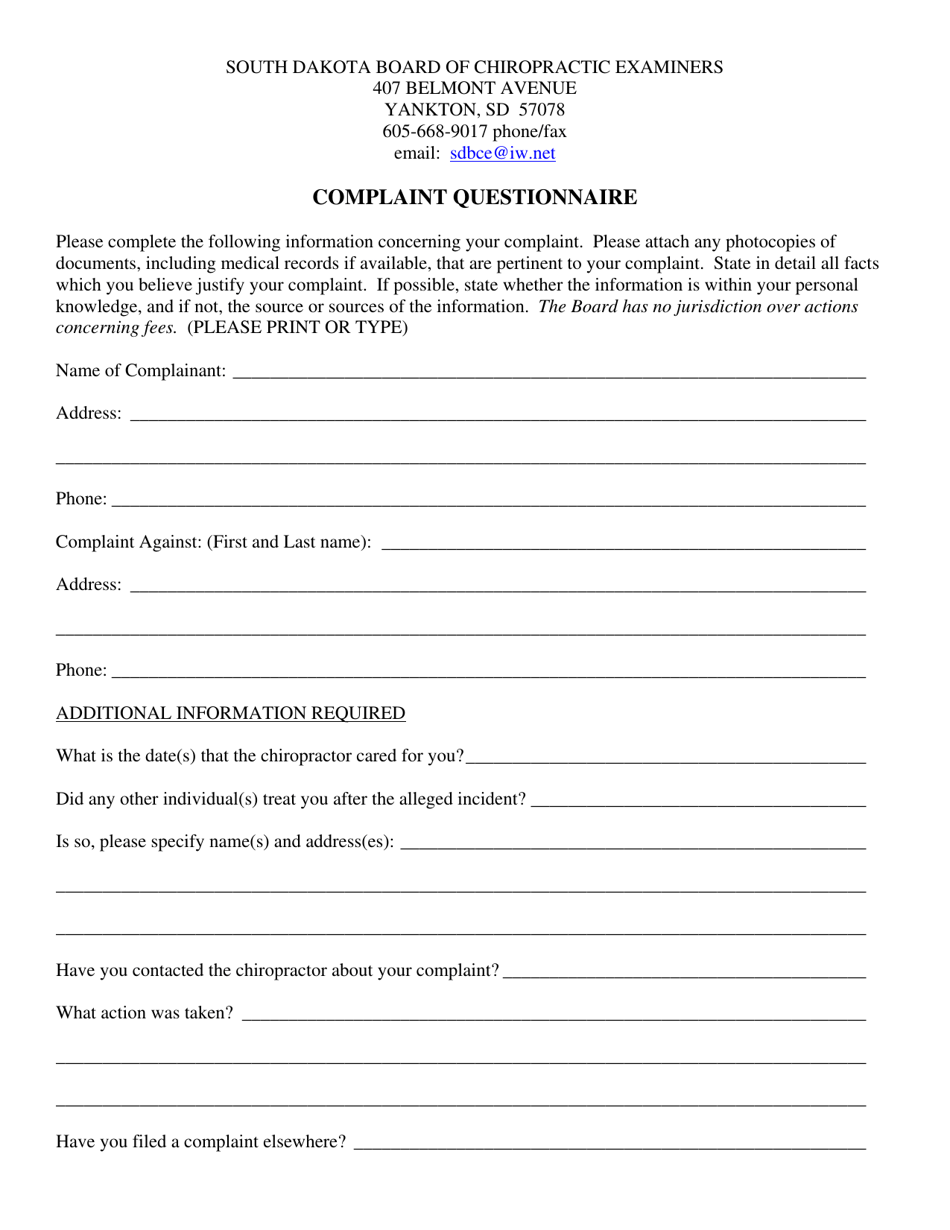 Complaint Questionnaire - South Dakota, Page 1