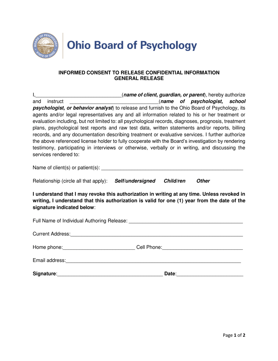 Informed Consent to Release Confidential Information - Ohio, Page 1