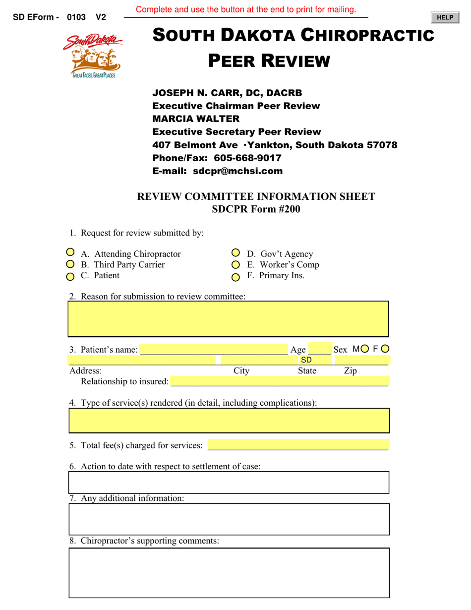 SDCPR Form 200 (SD Form 0103) Review Committee Information Sheet - South Dakota, Page 1