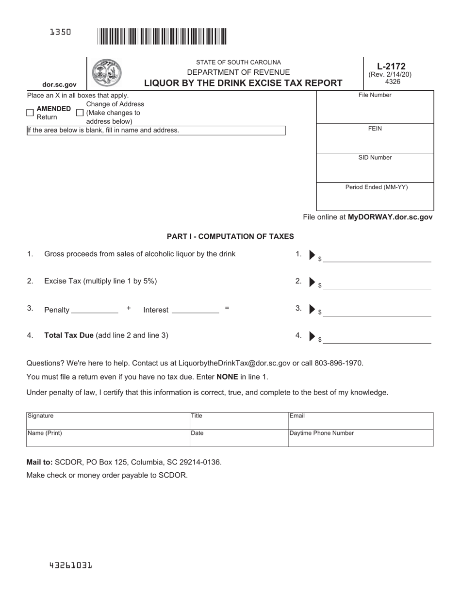 Form L-2172 Liquor by the Drink Excise Tax Report - South Carolina, Page 1