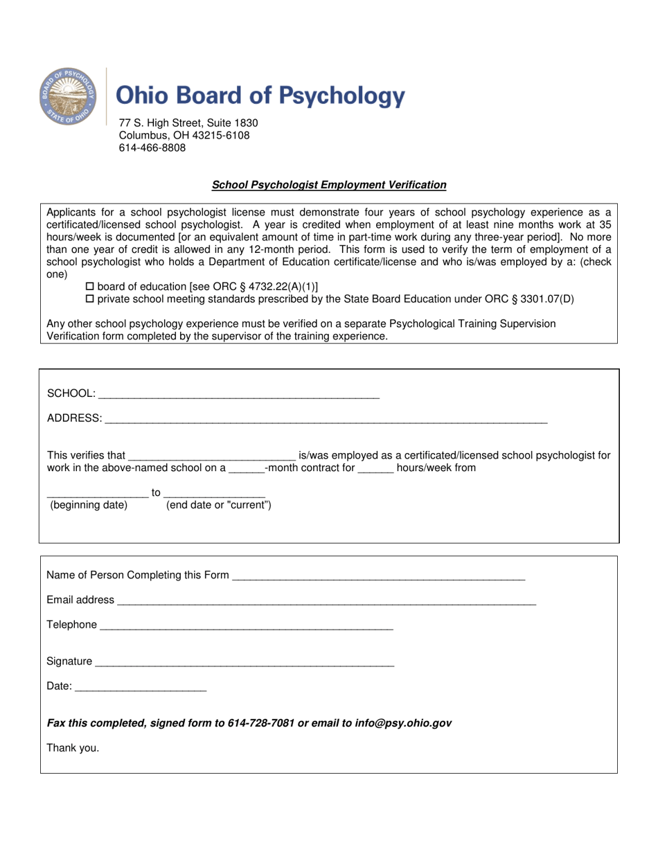 Ohio School Psychologist Employment Verification Fill Out, Sign