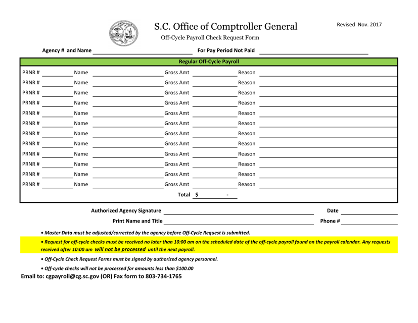 Off-Cycle Payroll Check Request Form - South Carolina