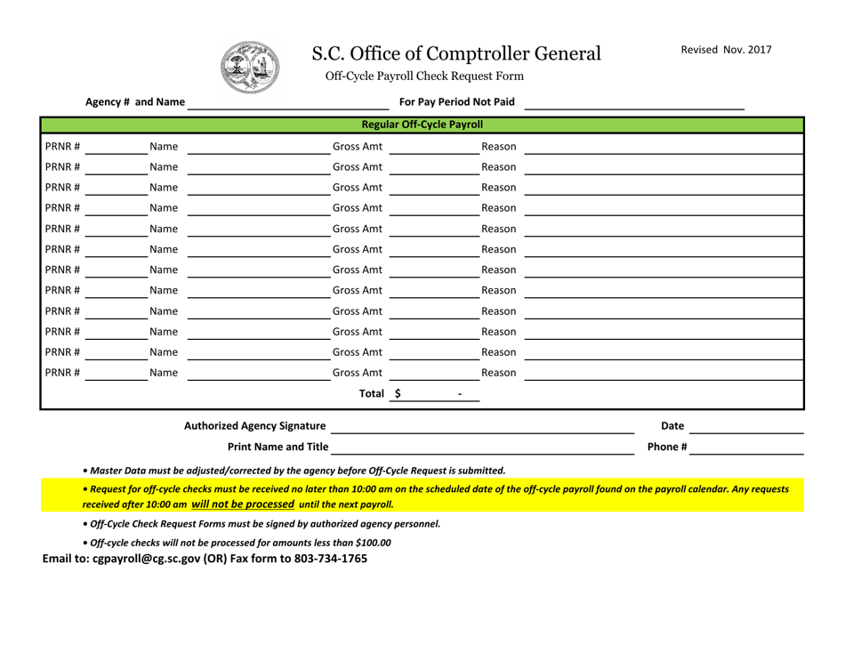 South Carolina OffCycle Payroll Check Request Form Download Printable