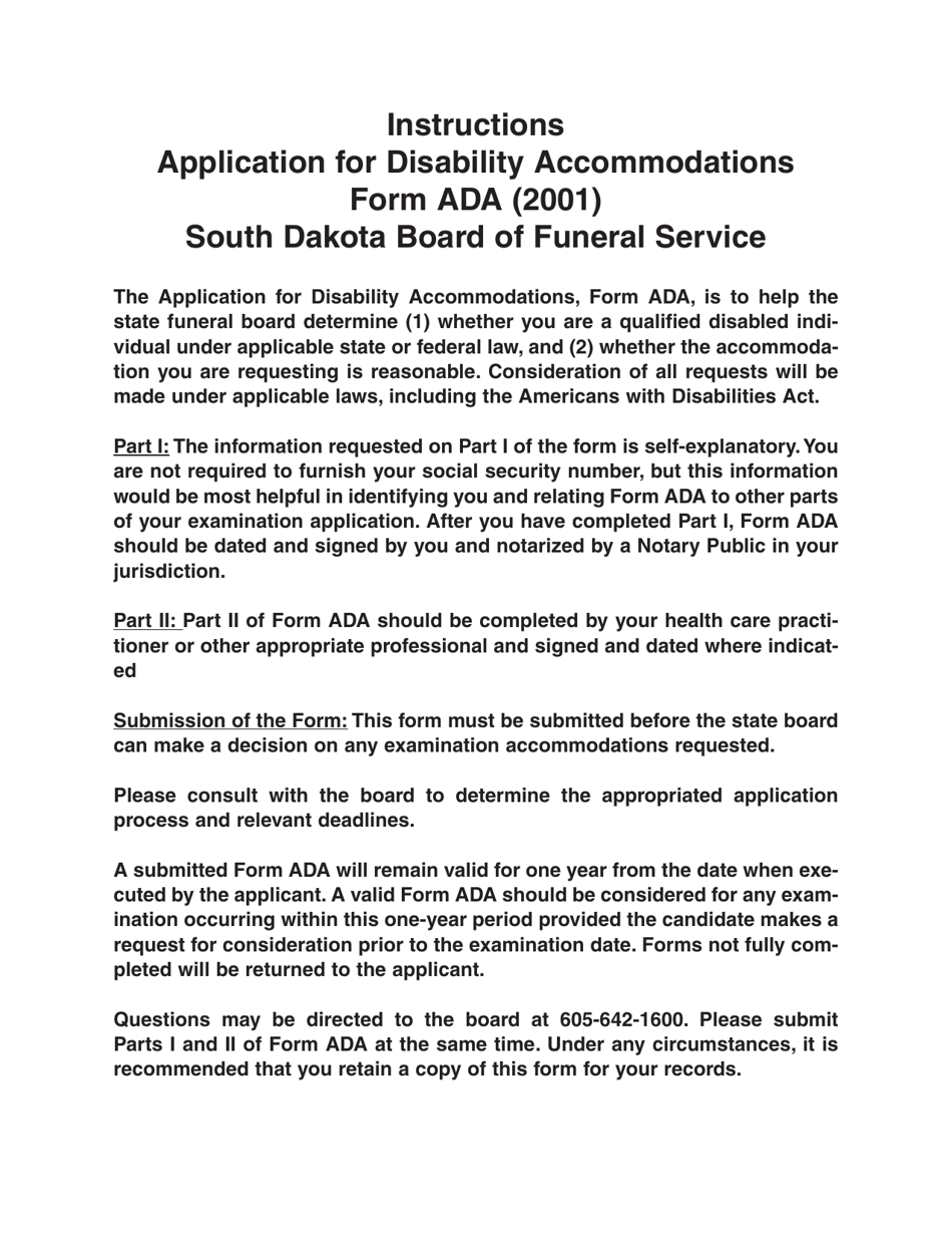 Form ADA Application for Disability Accommodation - South Dakota, Page 1