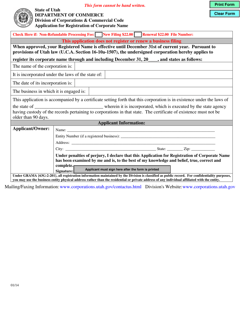 Application for Registration of Corporate Name - Utah, Page 1