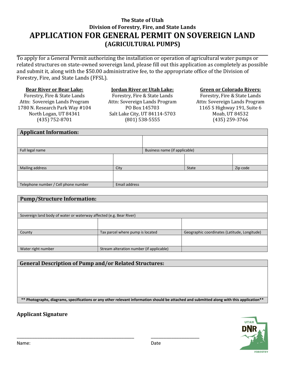 Utah Application for General Permit on Sovereign Land (Agricultural