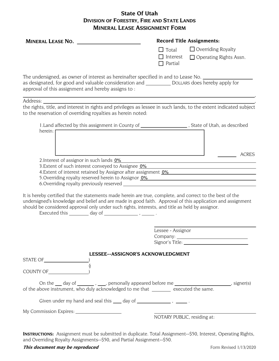 Mineral Lease Assignment Form - Utah, Page 1