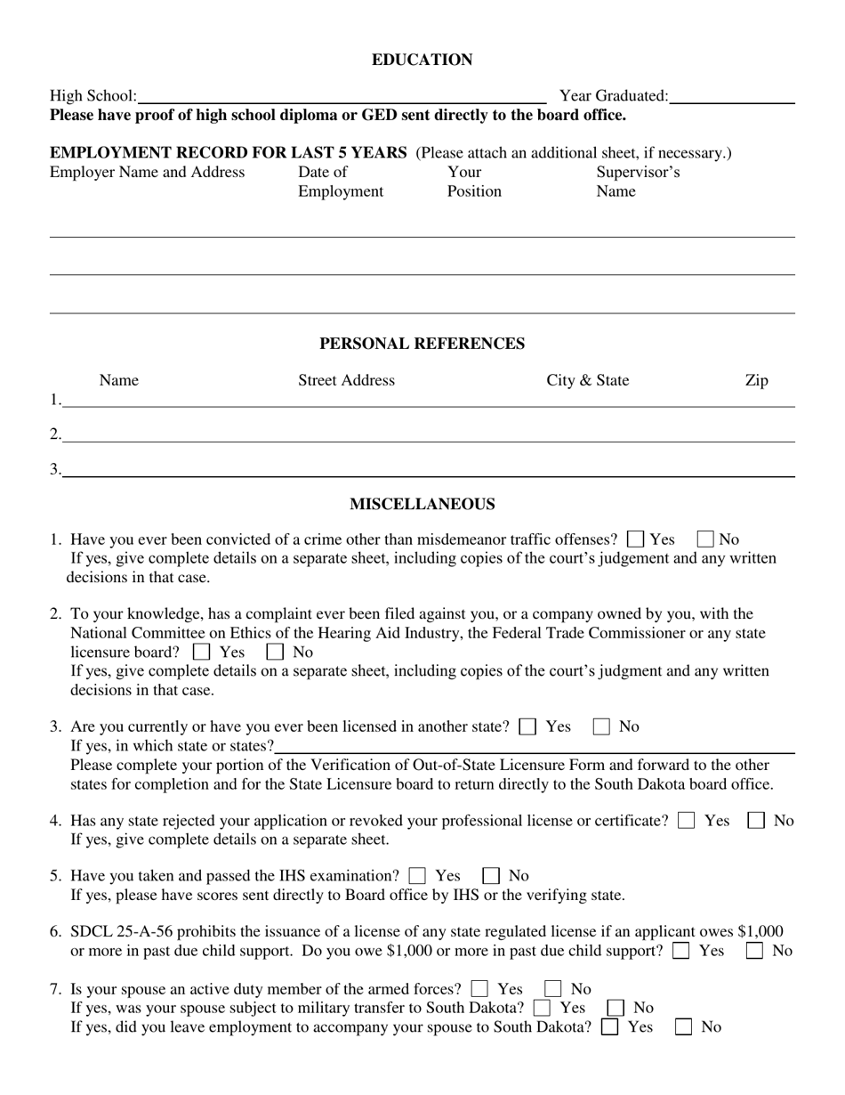 South Dakota Application For License To Practice The Fitting And Sale Of Hearing Aids Fill Out 5582