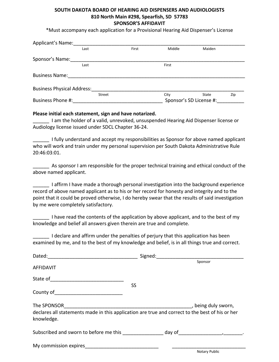 Sponsors Affidavit - South Dakota, Page 1