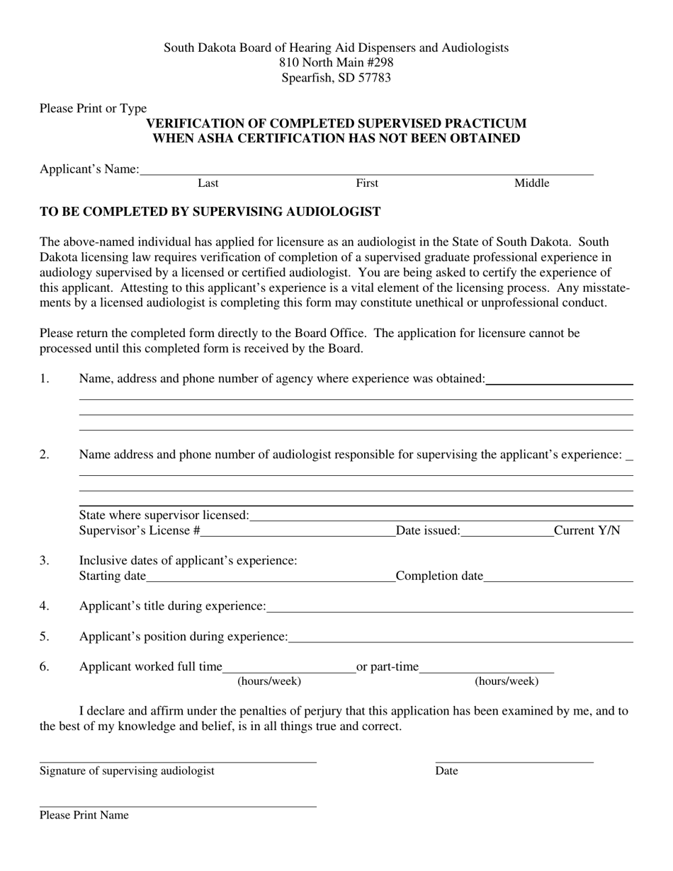 Verification of Completed Supervised Practicum When Asha Certification Has Not Been Obtained - South Dakota, Page 1