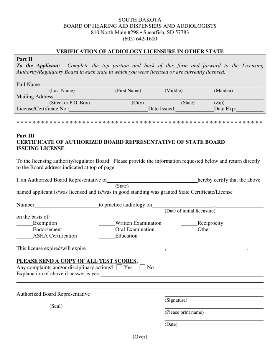 Verification of Audiology Licensure in Other State - South Dakota, Page 1