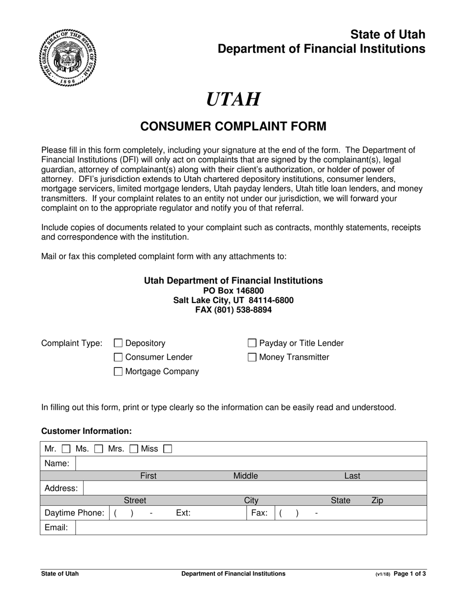 Utah Consumer Complaint Form - Utah, Page 1