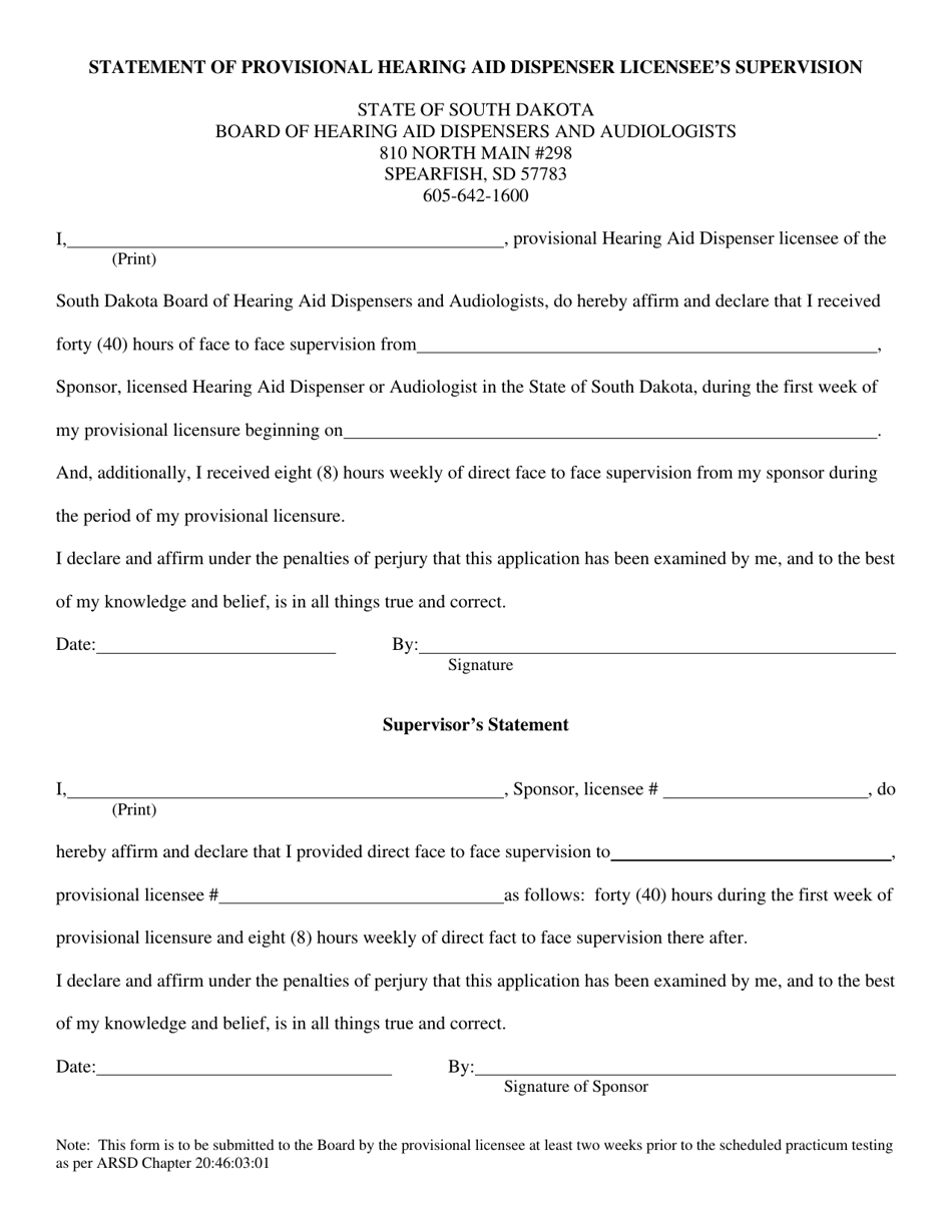 South Dakota Statement of Provisional Hearing Aid Dispenser Licensee's ...