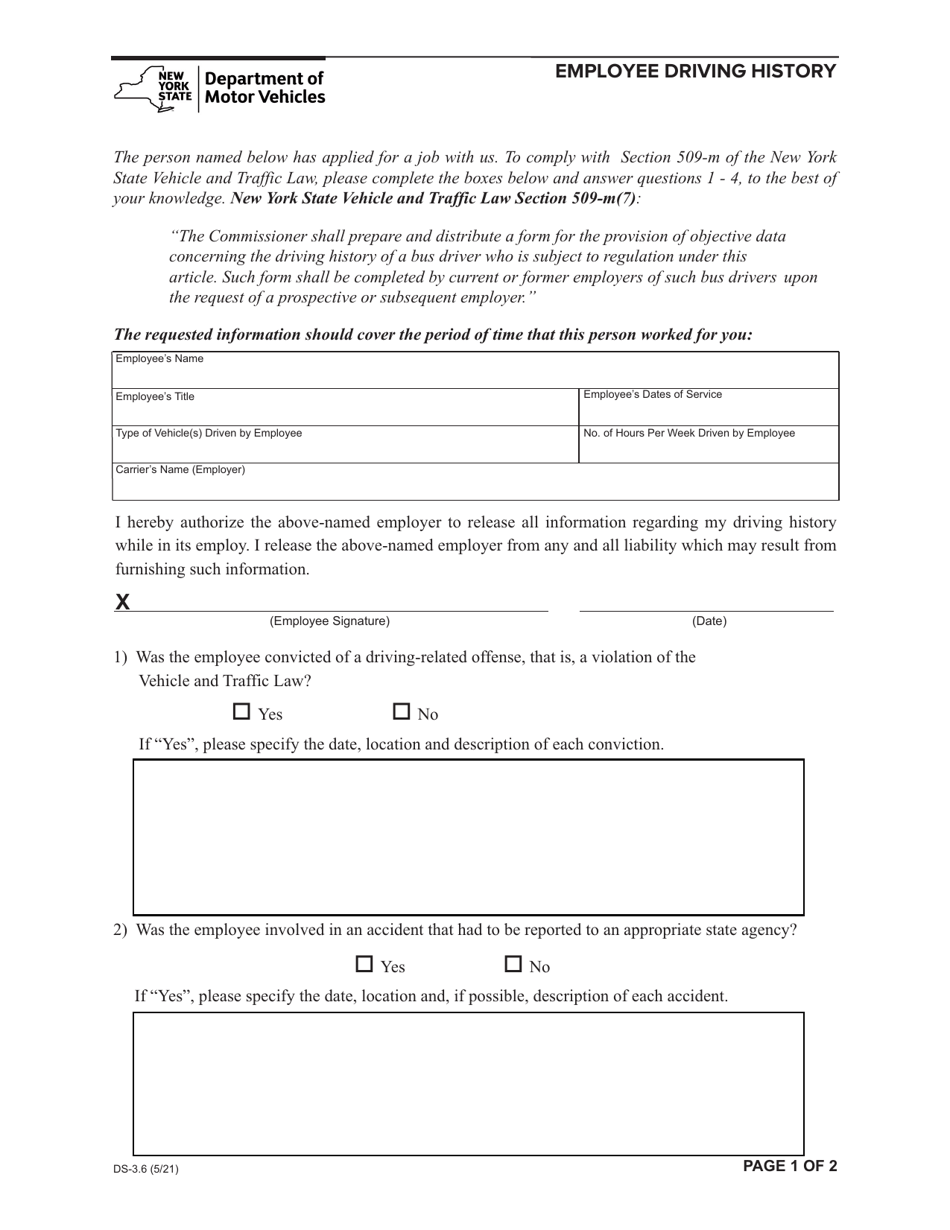 Form DS-3.6 Employee Driving History - New York, Page 1