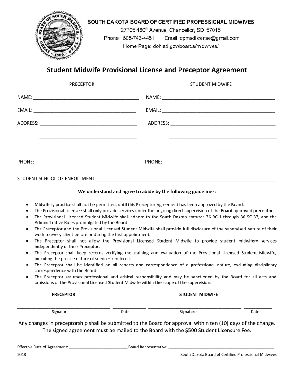 Student Midwife Provisional License and Preceptor Agreement - South Dakota, Page 1