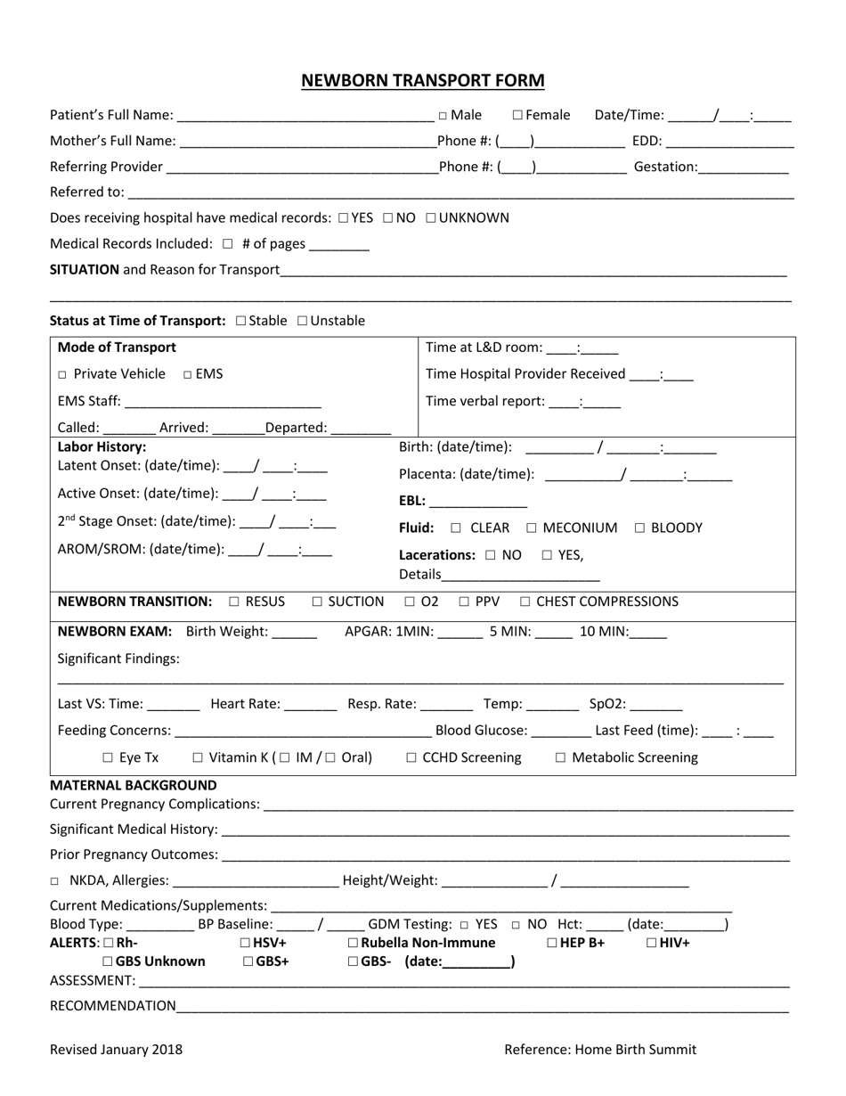 Newborn Transport Form - South Dakota, Page 1