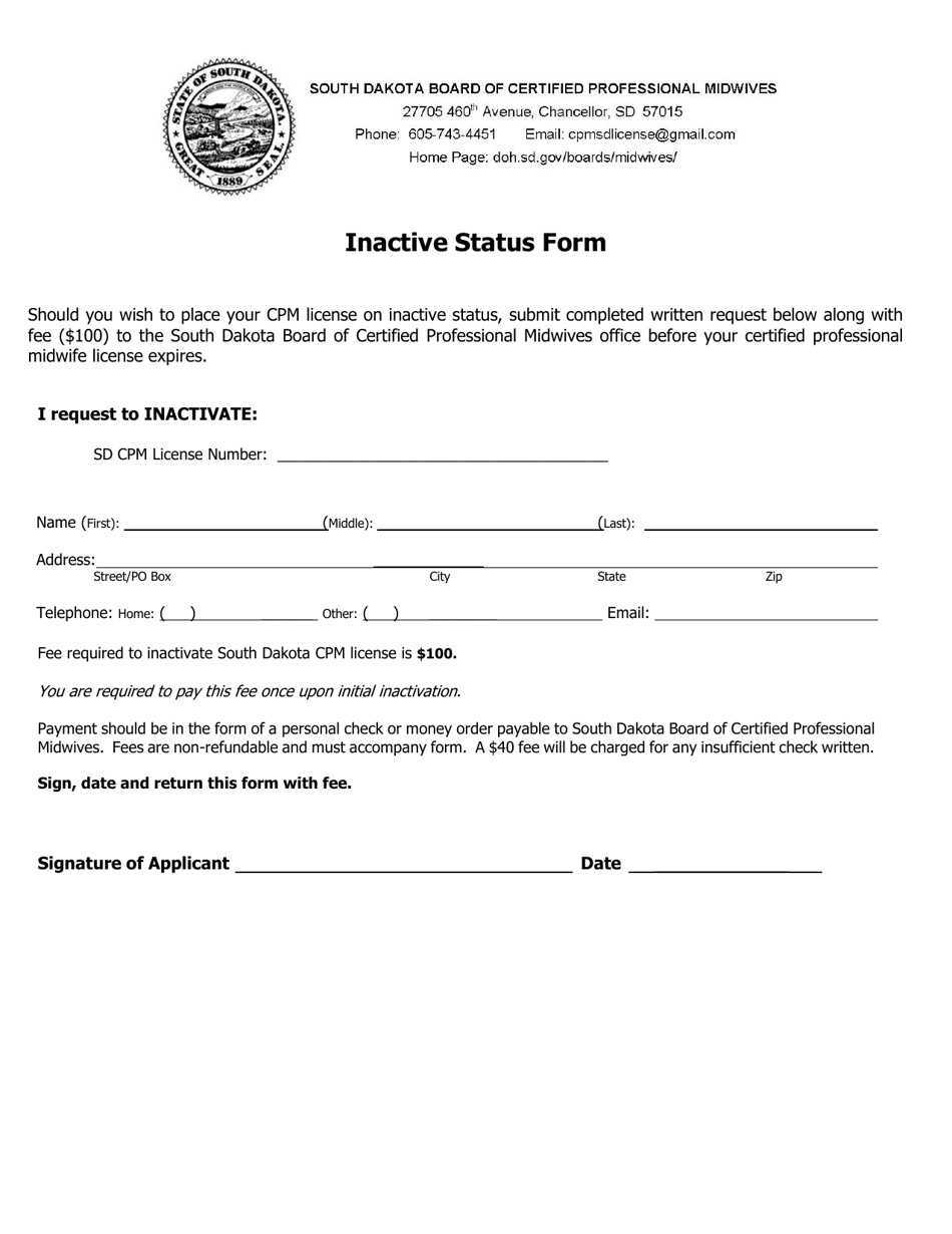 Inactive Status Form - South Dakota, Page 1
