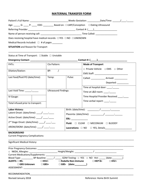 Maternal Transfer Form - South Dakota Download Pdf
