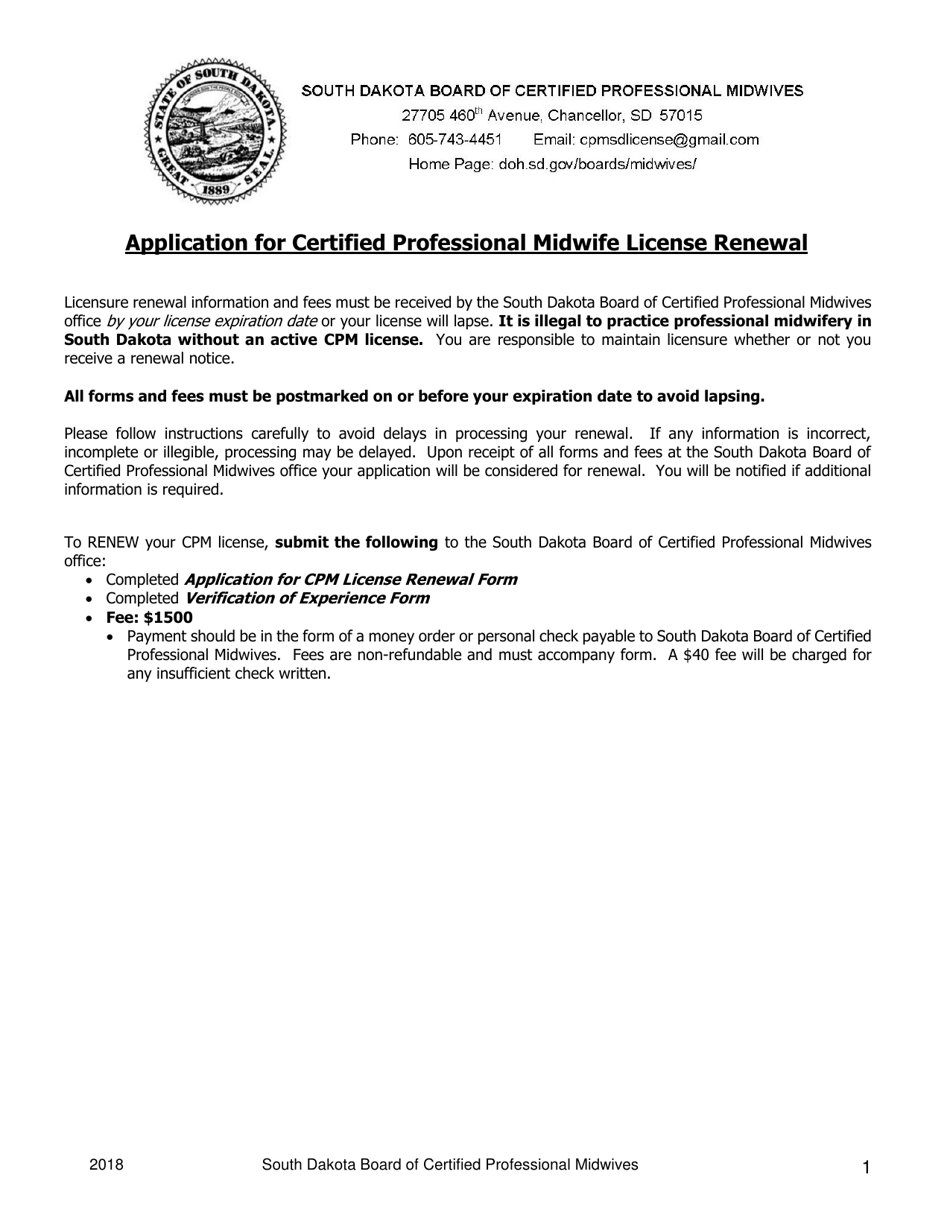 Application for Certified Professional Midwife License Renewal - South Dakota, Page 1
