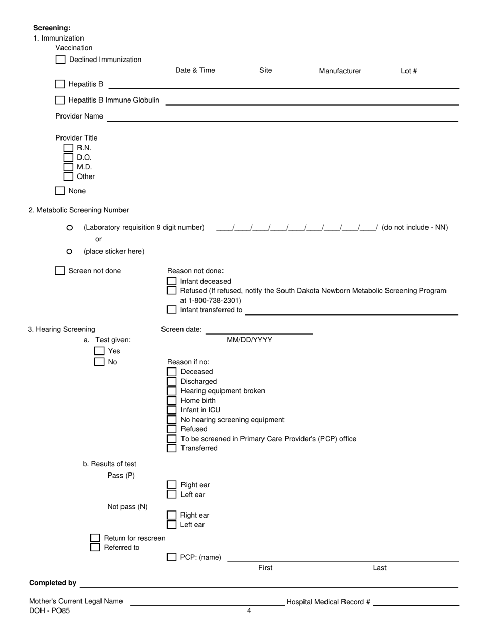 South Dakota Certifier's Worksheet for Completing the Birth Certificate ...