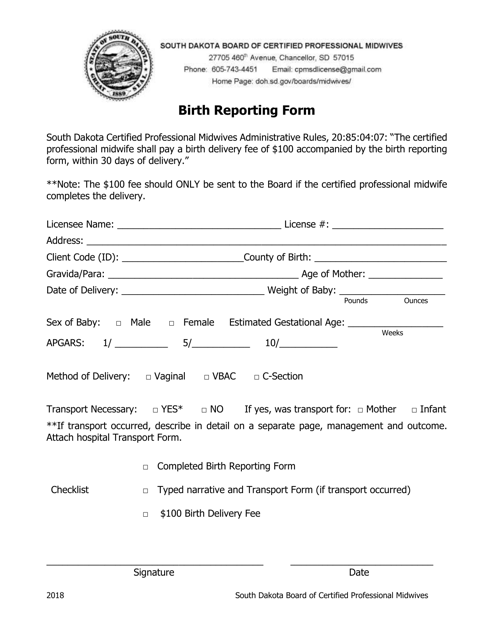 Birth Reporting Form - South Dakota Download Pdf