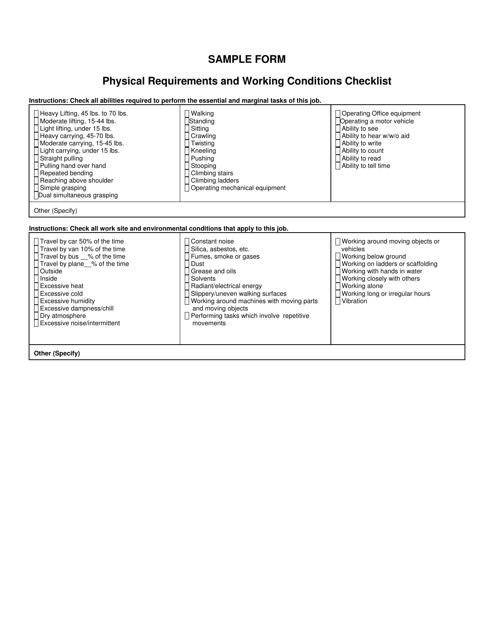 Physical Requirements and Working Conditions Checklist - Texas Download Pdf