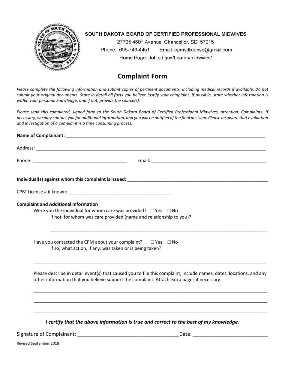 South Dakota Board of Certified Professional Midwives Complaint Form - South Dakota, Page 1